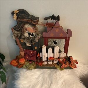 Rustic Wooden Halloween Witch Scarecrow Decoration Fall Tabletop Sign